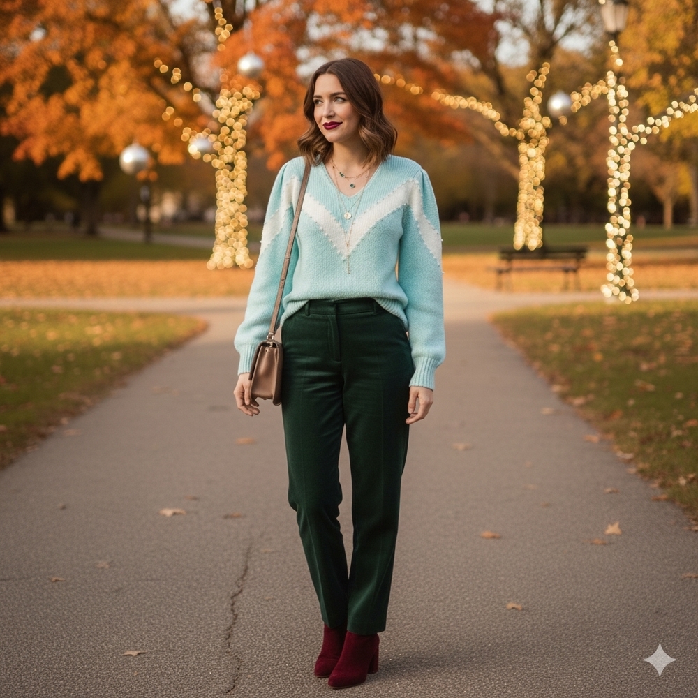 Vintage Mint Green V-Neck Sweater with White Accents